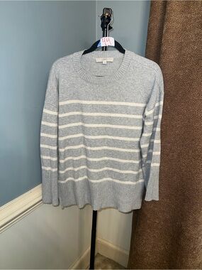 LOFT Light Blue and White Striped Crewneck Sweater